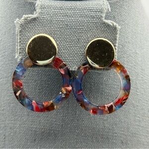 Large Open Red & Blue Watercolor Acrylic Hoop Door Knocker Style Stud Earrings